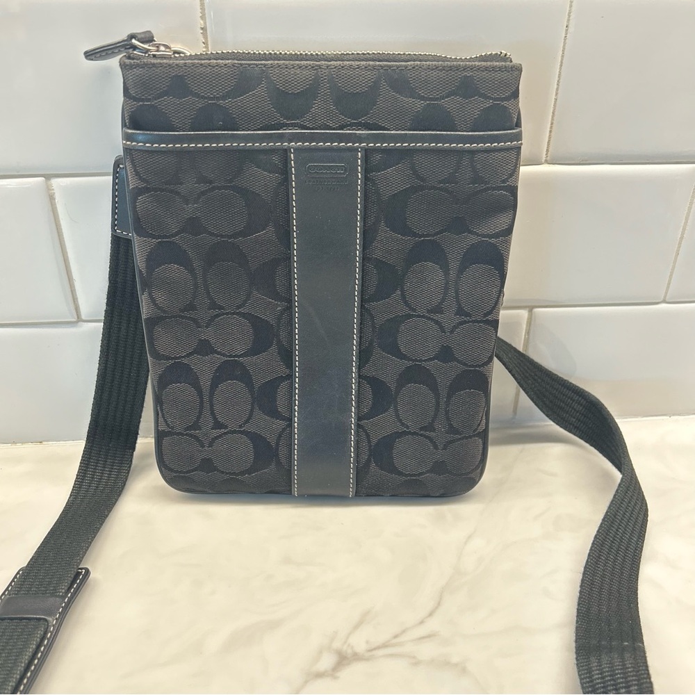 Coach Signature Stripe Swingpack Crossbody Black C Logo Canvas Small Bag